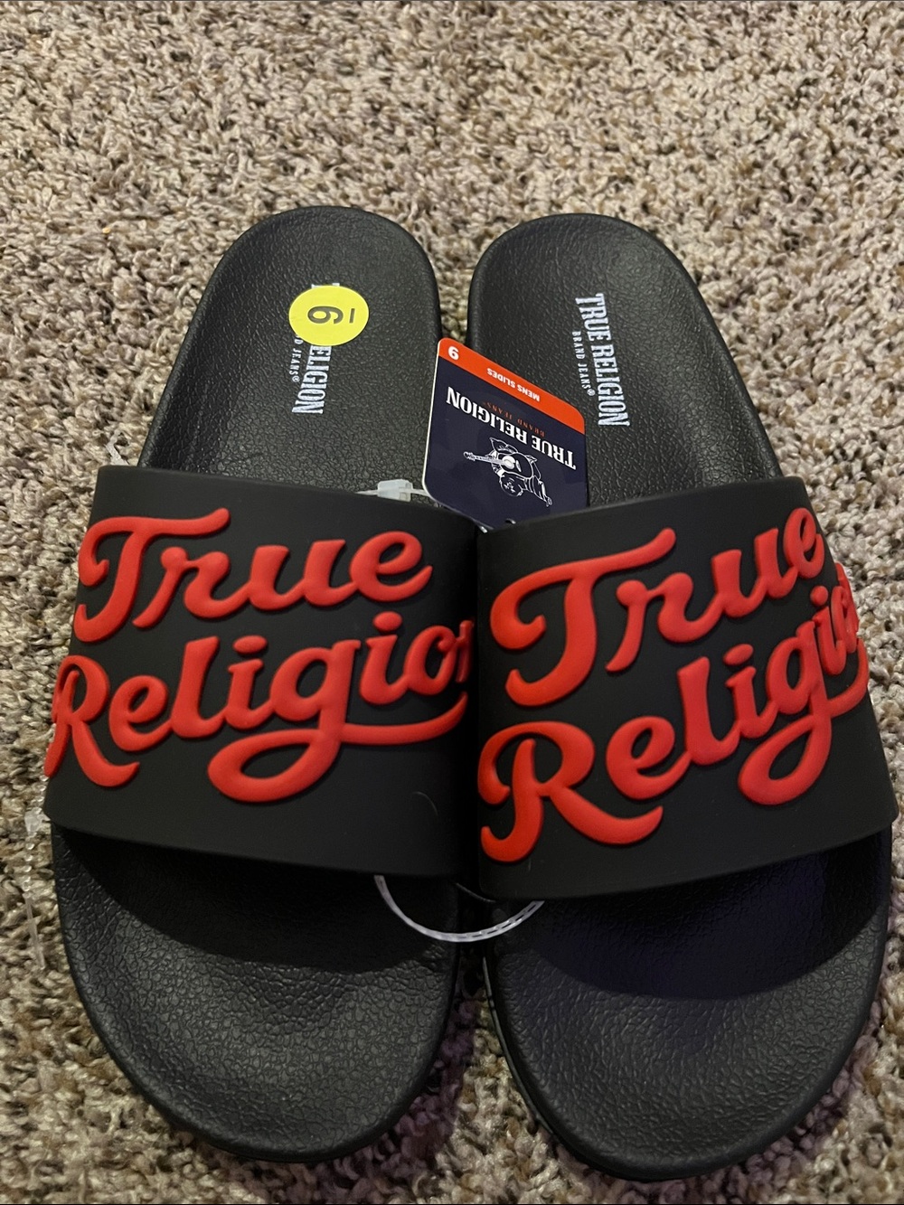 True Religion Black Slides with Red Logo Script